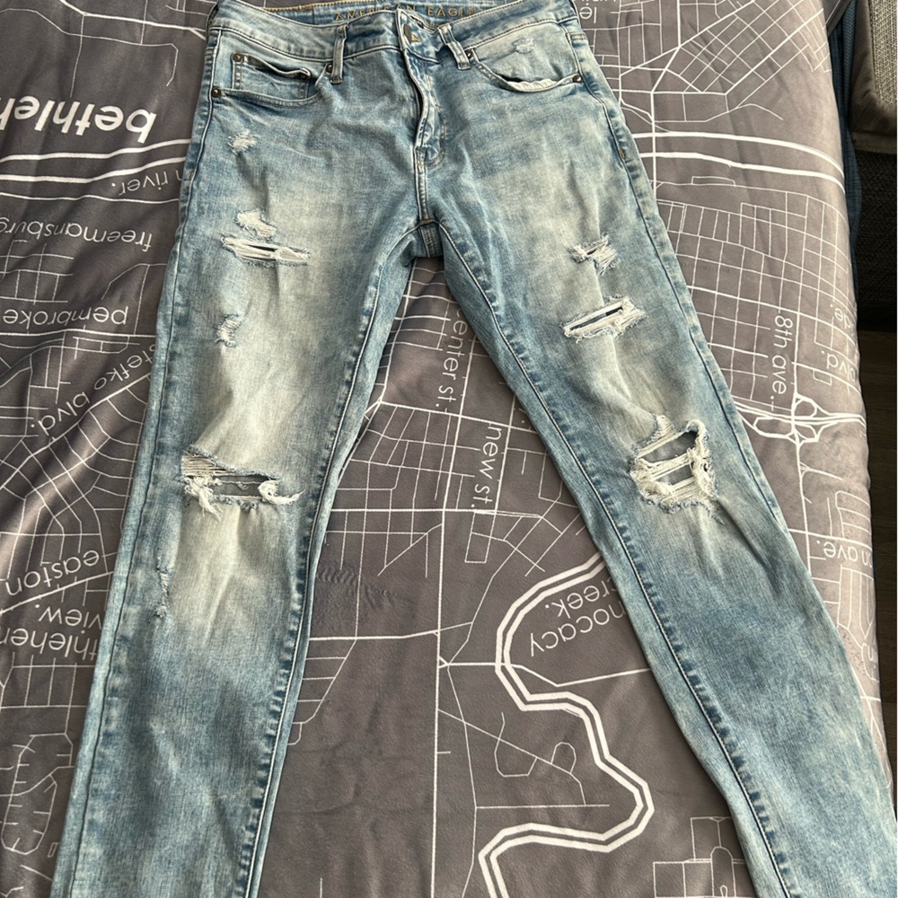 American Eagle Skinny Ripped Jeans, 31 X 32, Light Wash
